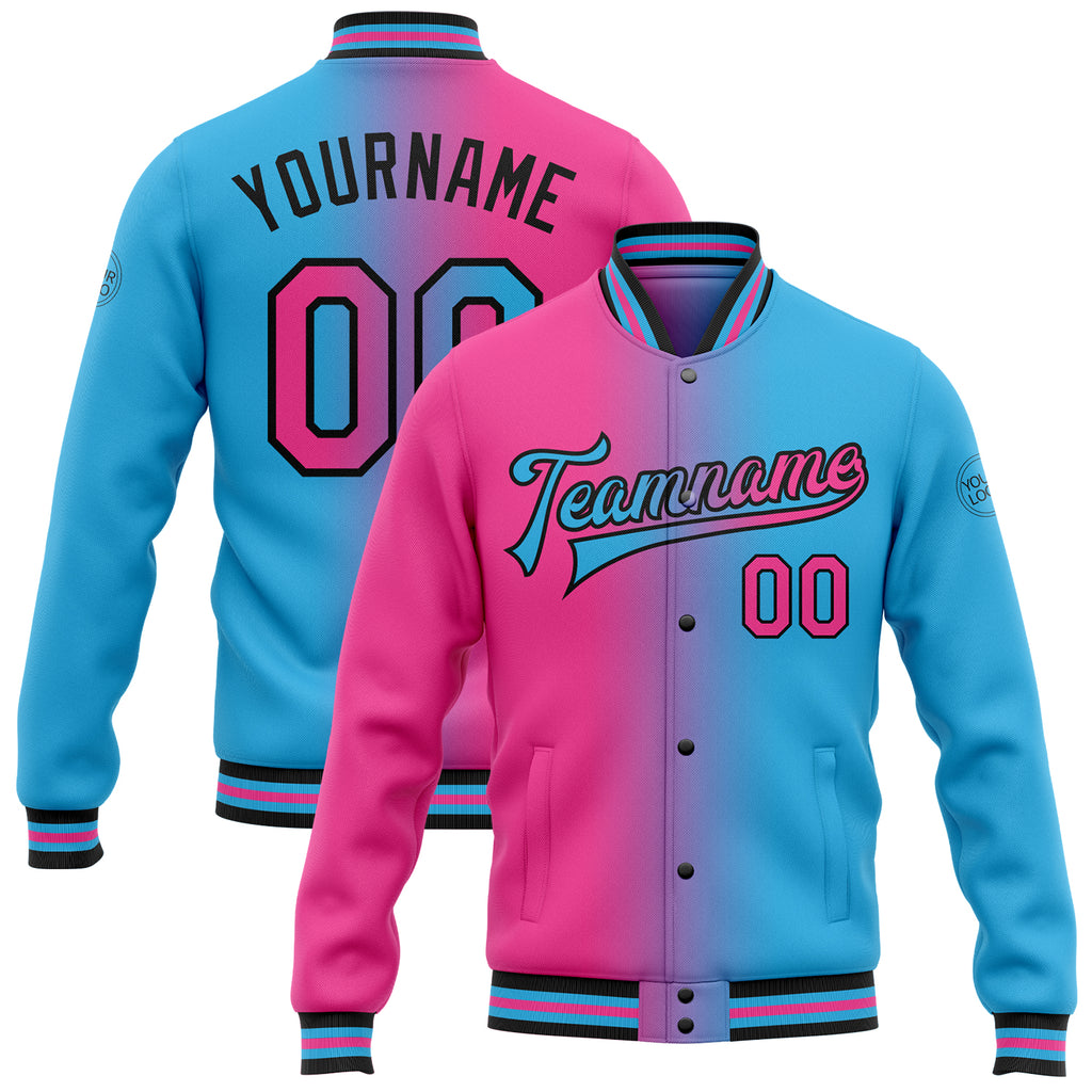 Custom Sky Blue Pink-Black Bomber Full-Snap Varsity Letterman Gradient Fashion Jacket