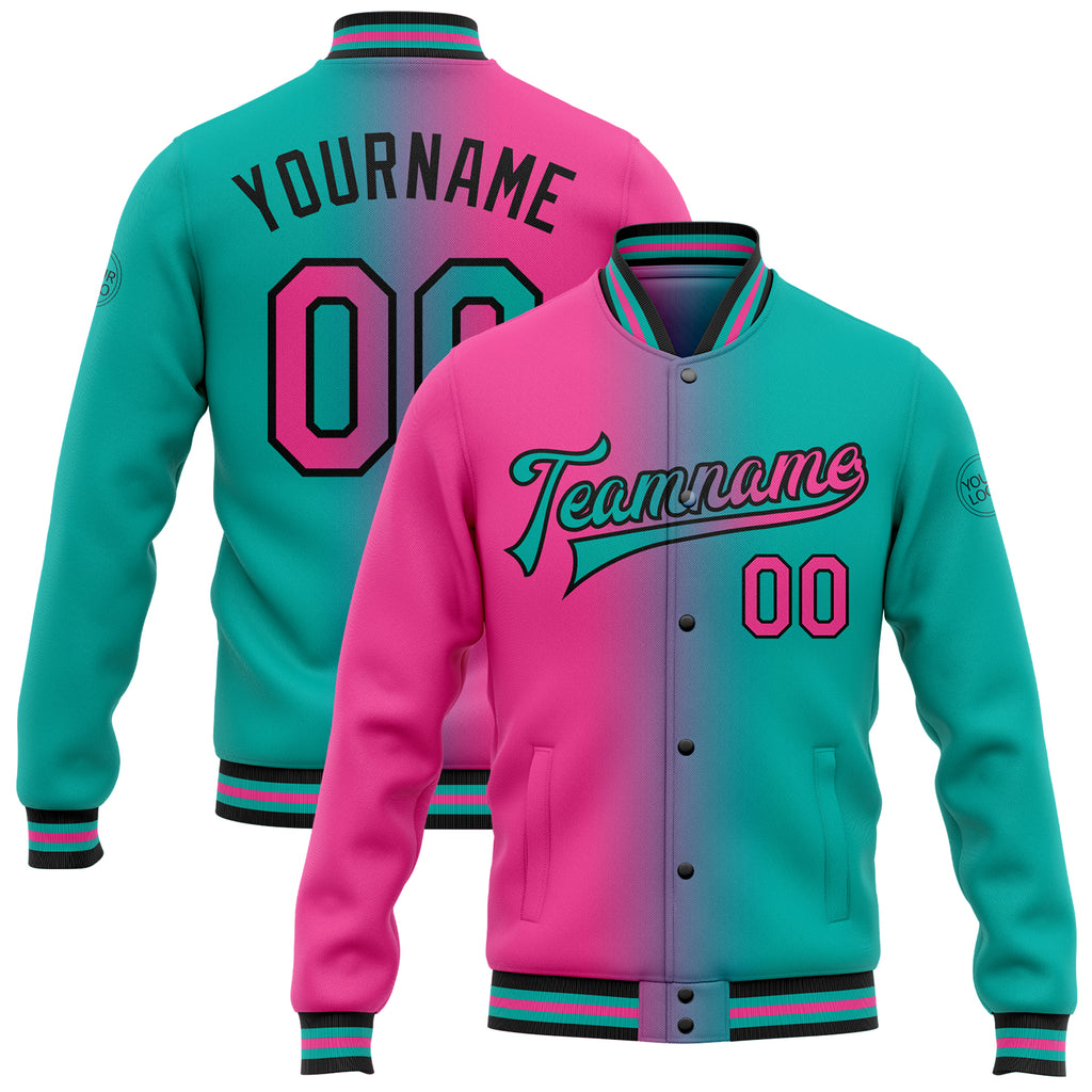 Custom Aqua Pink-Black Bomber Full-Snap Varsity Letterman Gradient Fashion Jacket