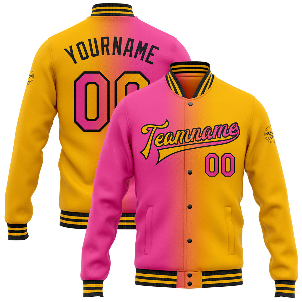 Custom Gold Pink-Black Bomber Full-Snap Varsity Letterman Gradient Fashion Jacket