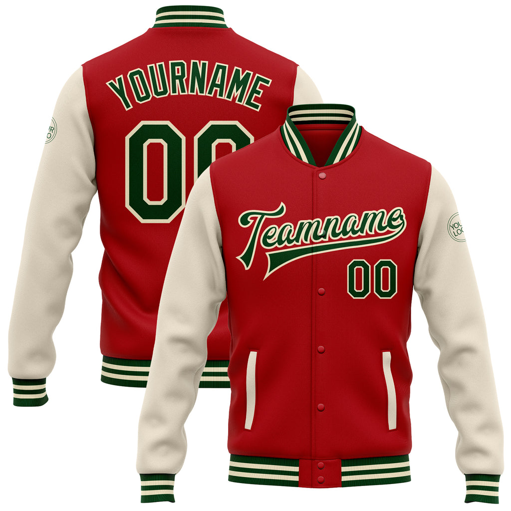 Custom Red Green-Cream Bomber Full-Snap Varsity Letterman Two Tone Jacket