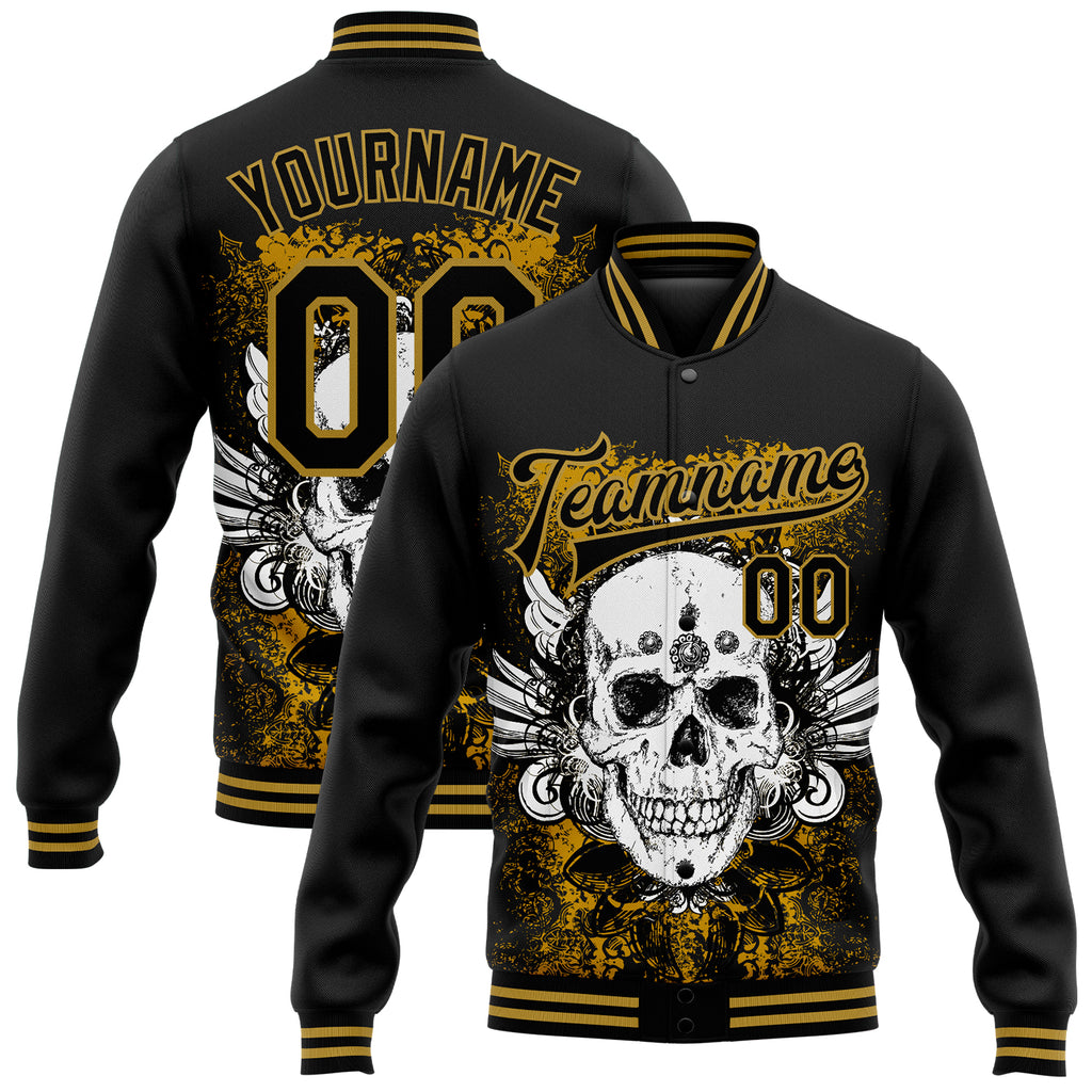 Custom Black Old Gold Skull With Wing 3D Bomber Full-Snap Varsity Letterman Jacket