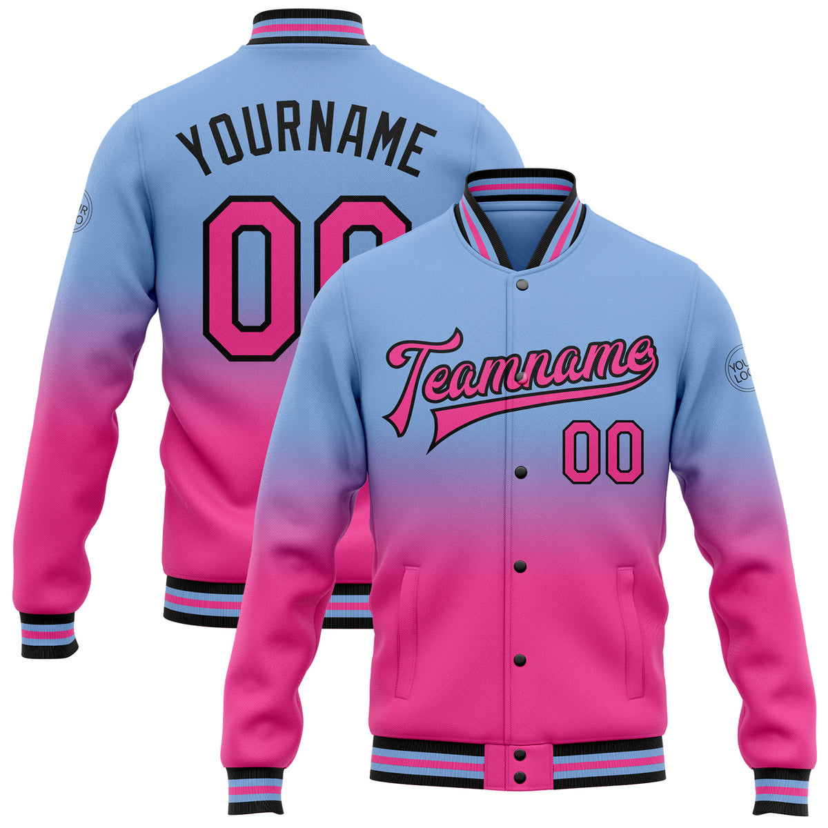 Custom Light Blue Pink-Black Bomber Full-Snap Varsity Letterman Fade ...