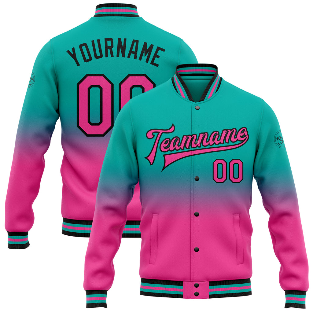 Custom Aqua Pink-Black Bomber Full-Snap Varsity Letterman Fade Fashion Jacket