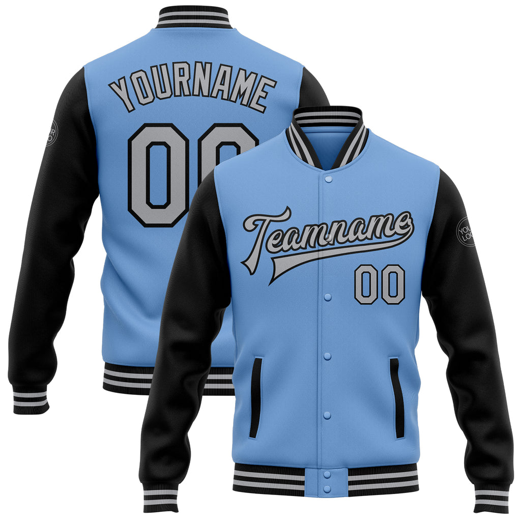 Custom Light Blue Gray-Black Bomber Full-Snap Varsity Letterman Two Tone Jacket