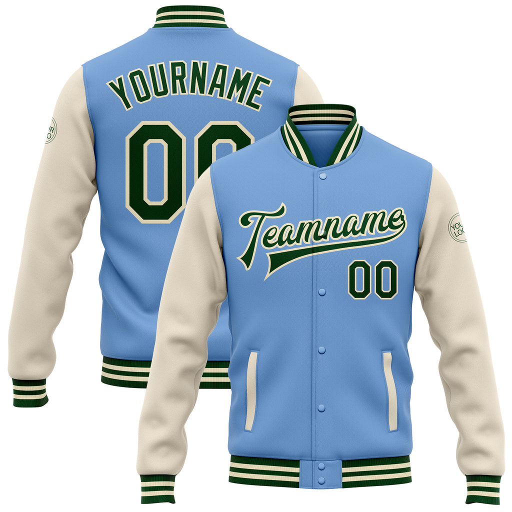 Custom Light Blue Green-Cream Bomber Full-Snap Varsity Letterman Two Tone Jacket