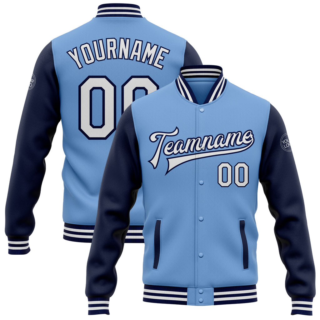 Custom Light Blue White-Navy Bomber Full-Snap Varsity Letterman Two Tone Jacket