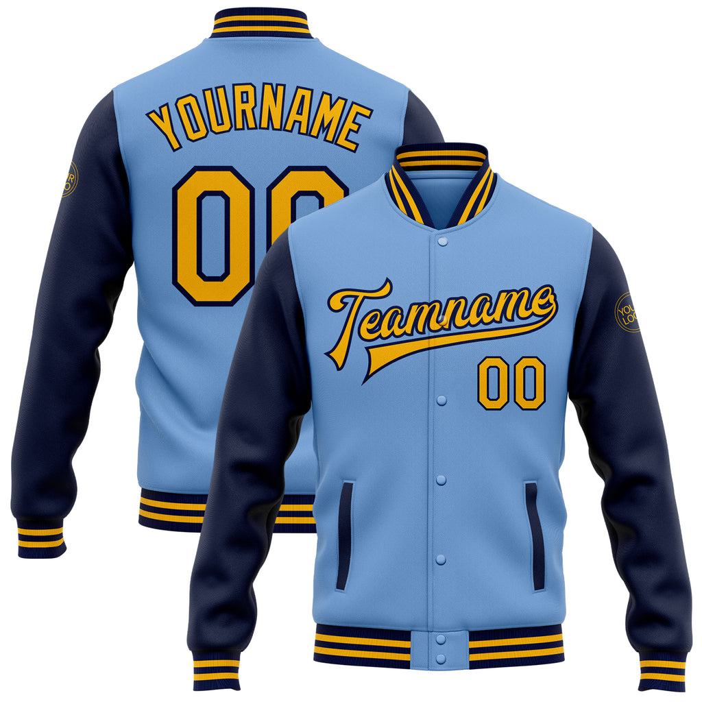 Custom Light Blue Gold-Navy Bomber Full-Snap Varsity Letterman Two Tone Jacket