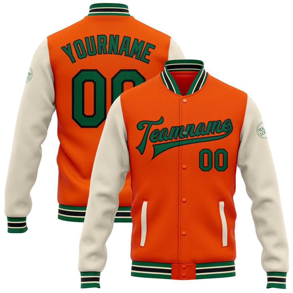 Custom Orange Kelly Green Black-Cream Bomber Full-Snap Varsity Letterman Two Tone Jacket