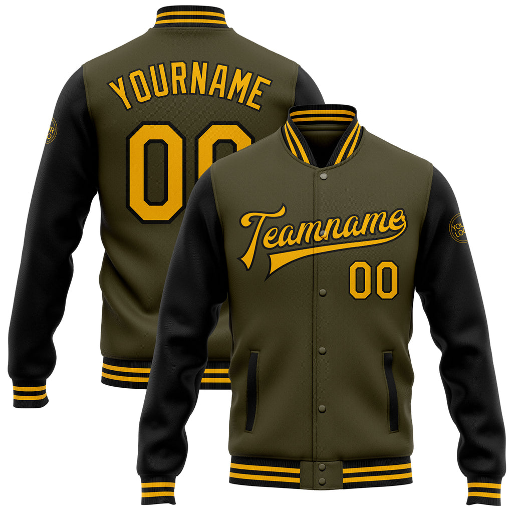 Custom Olive Gold-Black Bomber Full-Snap Varsity Letterman Two Tone Salute To Service Jacket