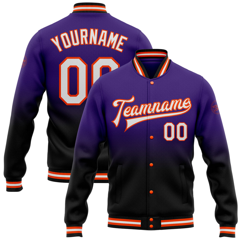 Custom Purple White Black-Orange Bomber Full-Snap Varsity Letterman Fade Fashion Jacket