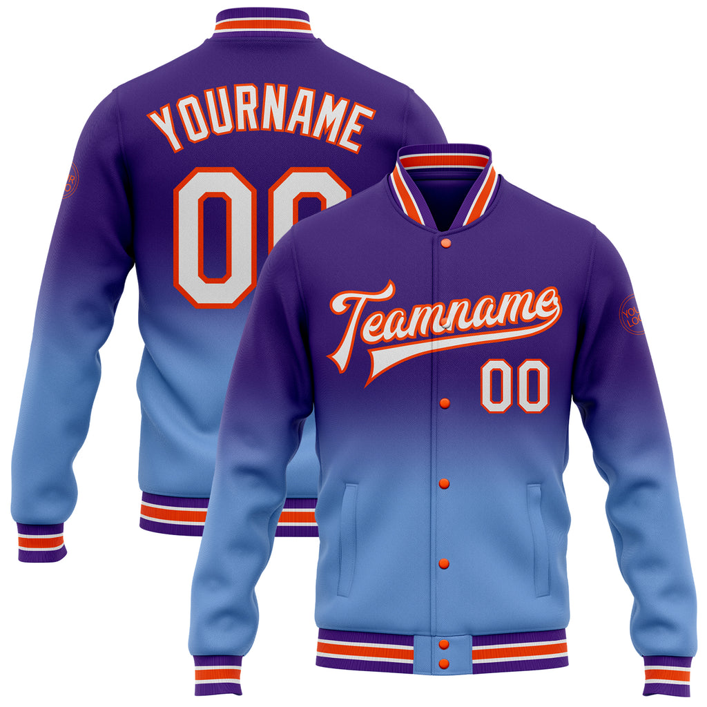 Custom Purple White Light Blue-Orange Bomber Full-Snap Varsity Letterman Fade Fashion Jacket