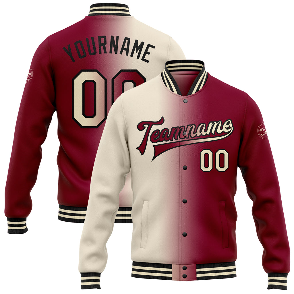 Custom Maroon Cream-Black Bomber Full-Snap Varsity Letterman Gradient Fashion Jacket