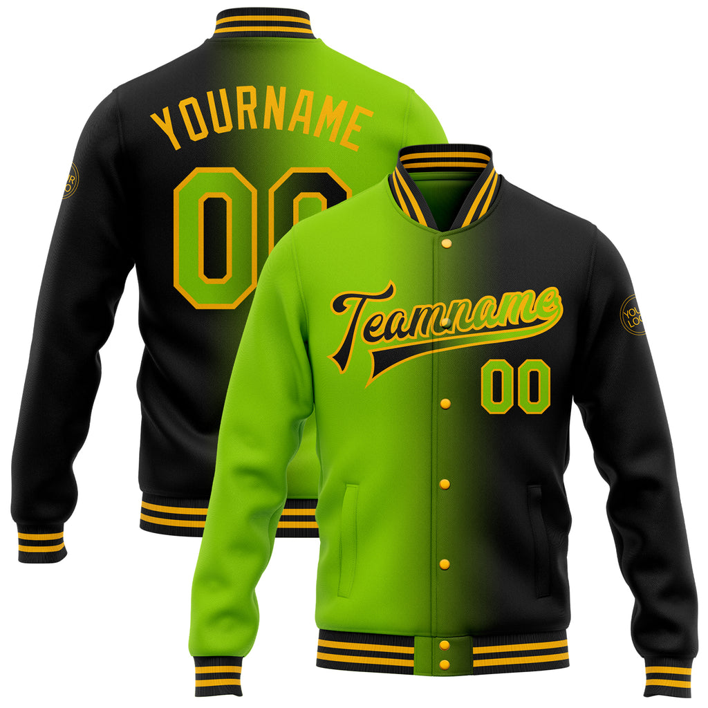 Custom Black Neon Green-Gold Bomber Full-Snap Varsity Letterman Gradient Fashion Jacket