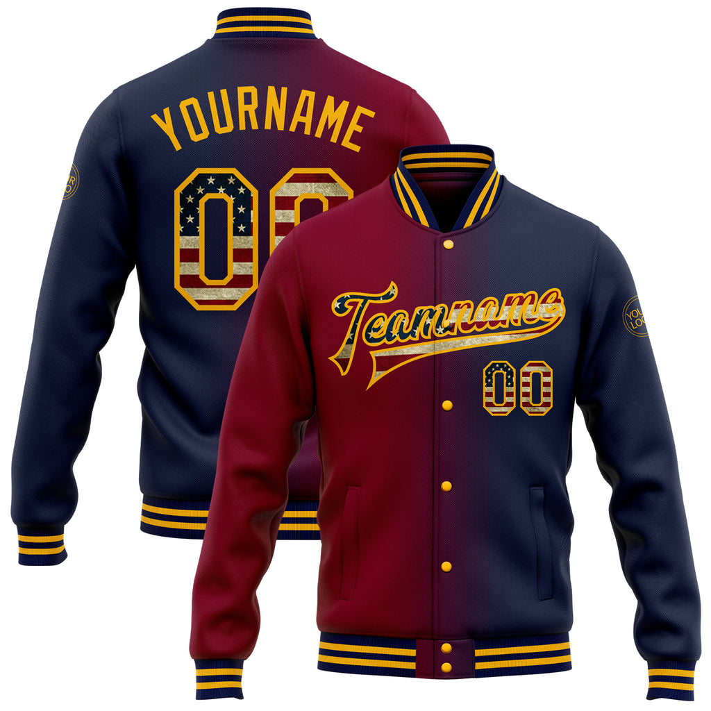 Custom Navy Vintage USA Flag Maroon-Gold Bomber Full-Snap Varsity Letterman Gradient Fashion Jacket