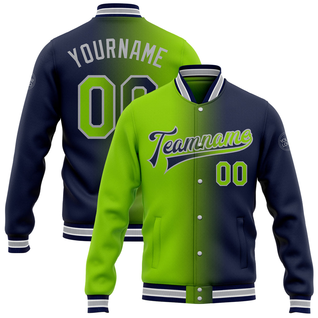 Custom Navy Neon Green-Gray Bomber Full-Snap Varsity Letterman Gradient Fashion Jacket