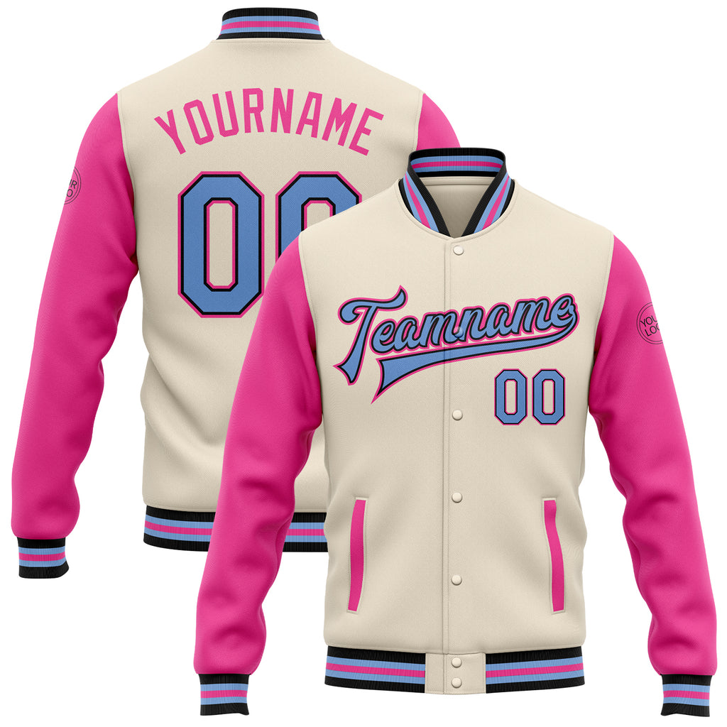 Custom Cream Light Blue Black-Pink Bomber Full-Snap Varsity Letterman Two Tone Jacket