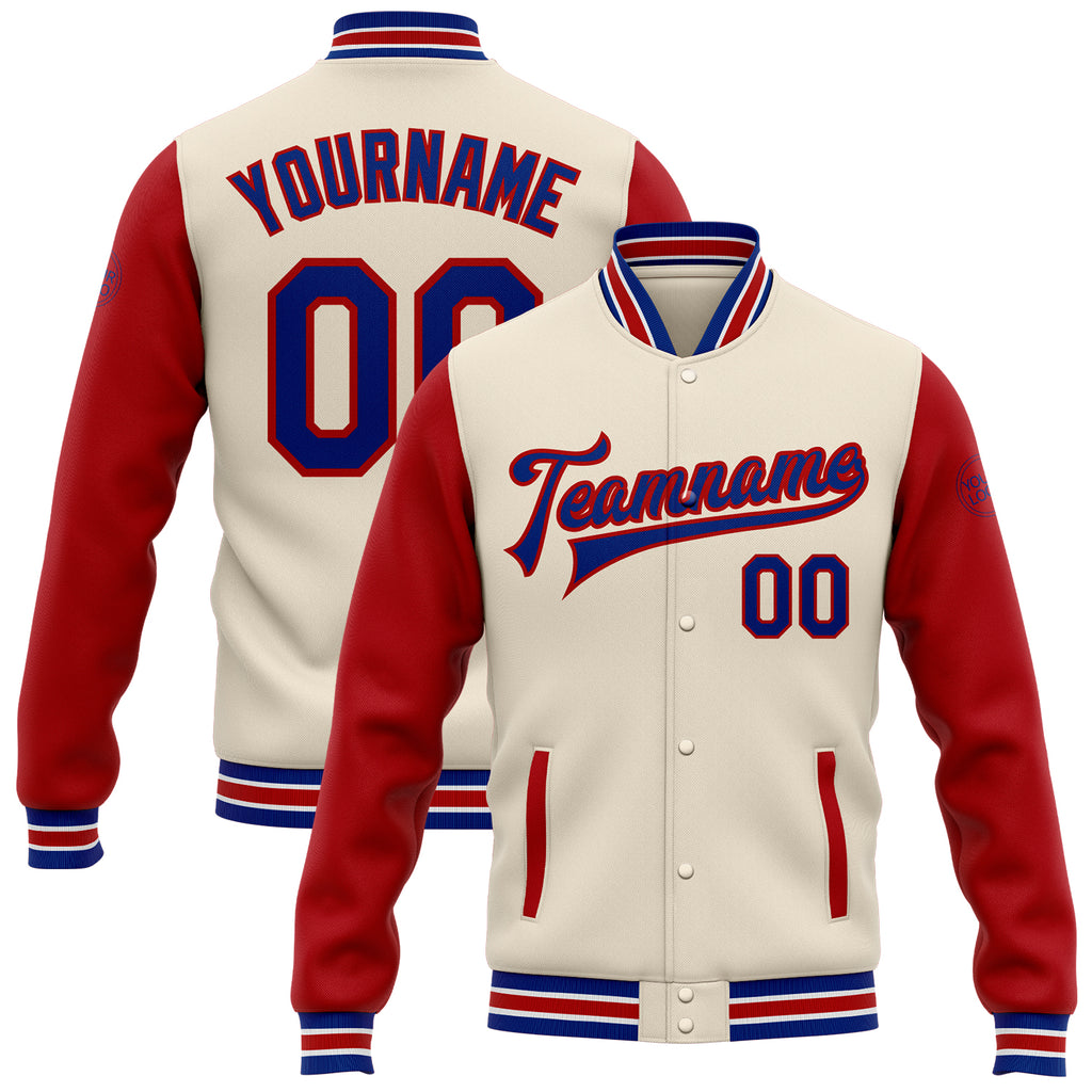 Custom Cream Royal-Red Bomber Full-Snap Varsity Letterman Two Tone Jacket