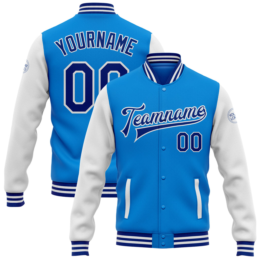 Custom Electric Blue Royal-White Bomber Full-Snap Varsity Letterman Two Tone Jacket