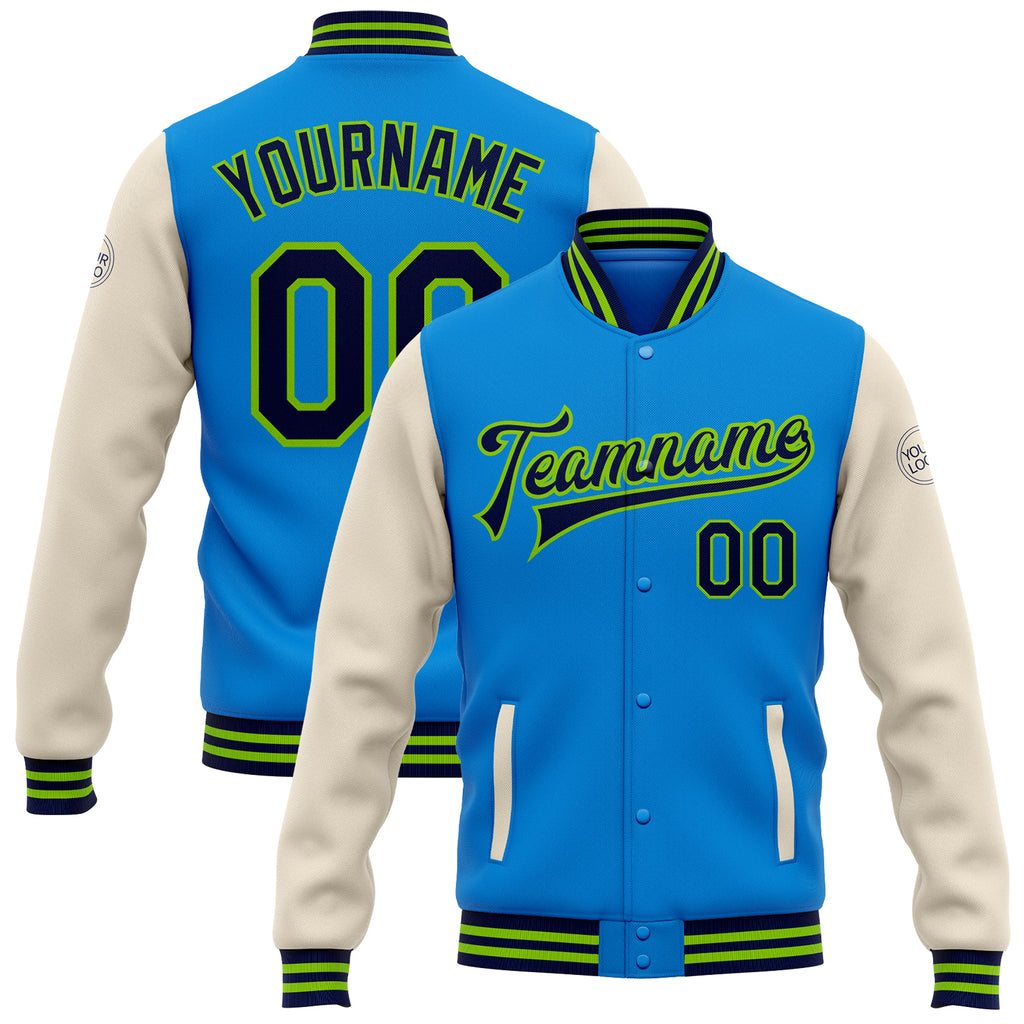 Custom Electric Blue Navy Cream-Neon Green Bomber Full-Snap Varsity Letterman Two Tone Jacket