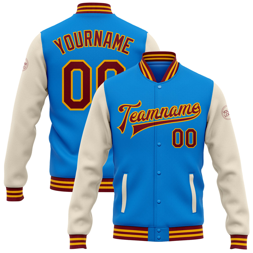 Custom Electric Blue Crimson Cream-Gold Bomber Full-Snap Varsity Letterman Two Tone Jacket