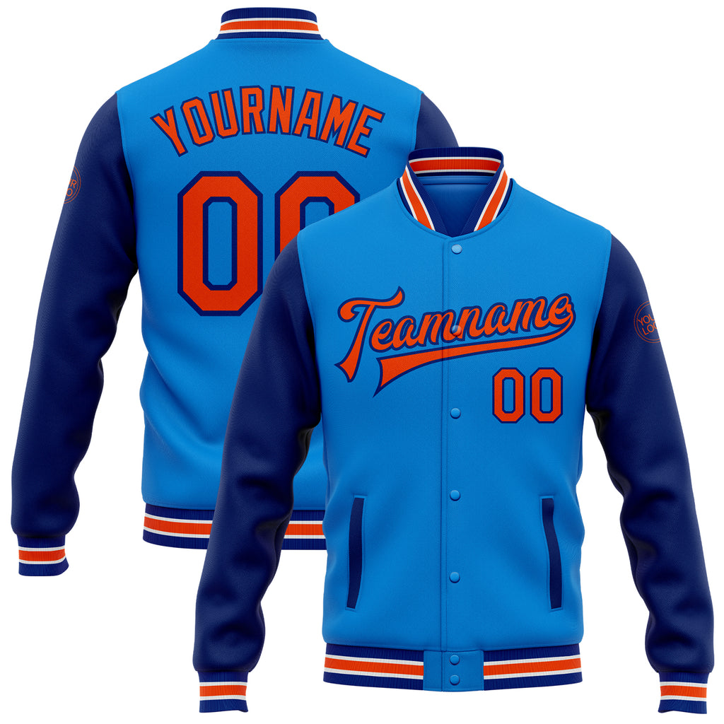 Custom Electric Blue Orange-Royal Bomber Full-Snap Varsity Letterman Two Tone Jacket