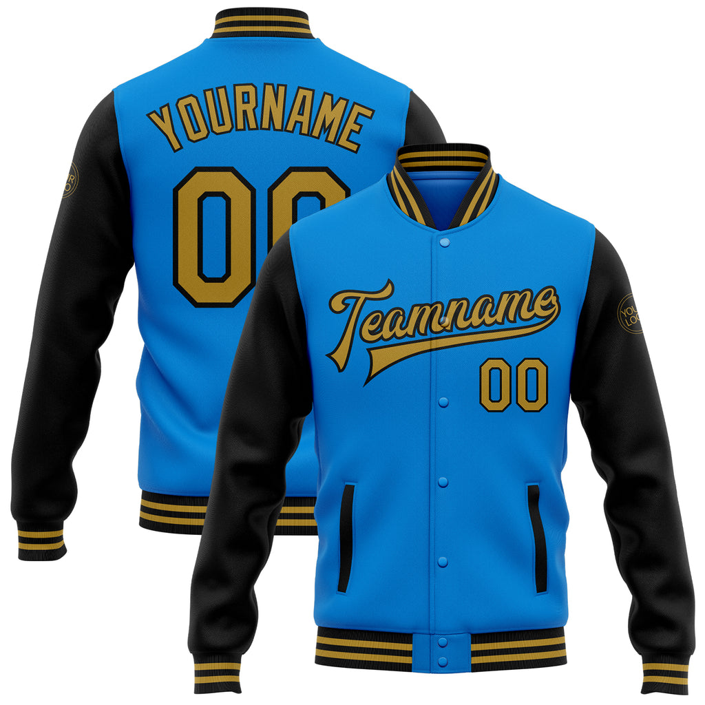 Custom Electric Blue Old Gold-Black Bomber Full-Snap Varsity Letterman Two Tone Jacket