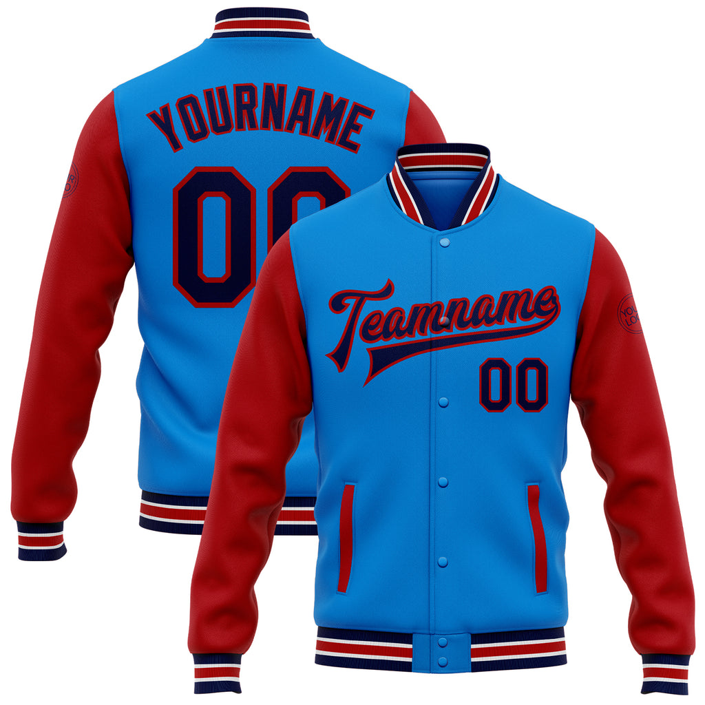 Custom Electric Blue Navy-Red Bomber Full-Snap Varsity Letterman Two Tone Jacket