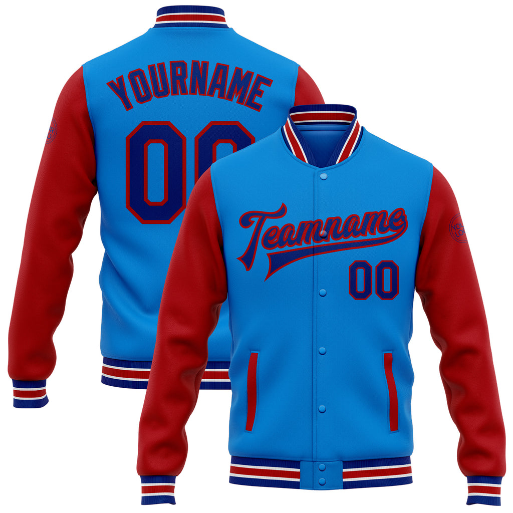 Custom Electric Blue Royal-Red Bomber Full-Snap Varsity Letterman Two Tone Jacket