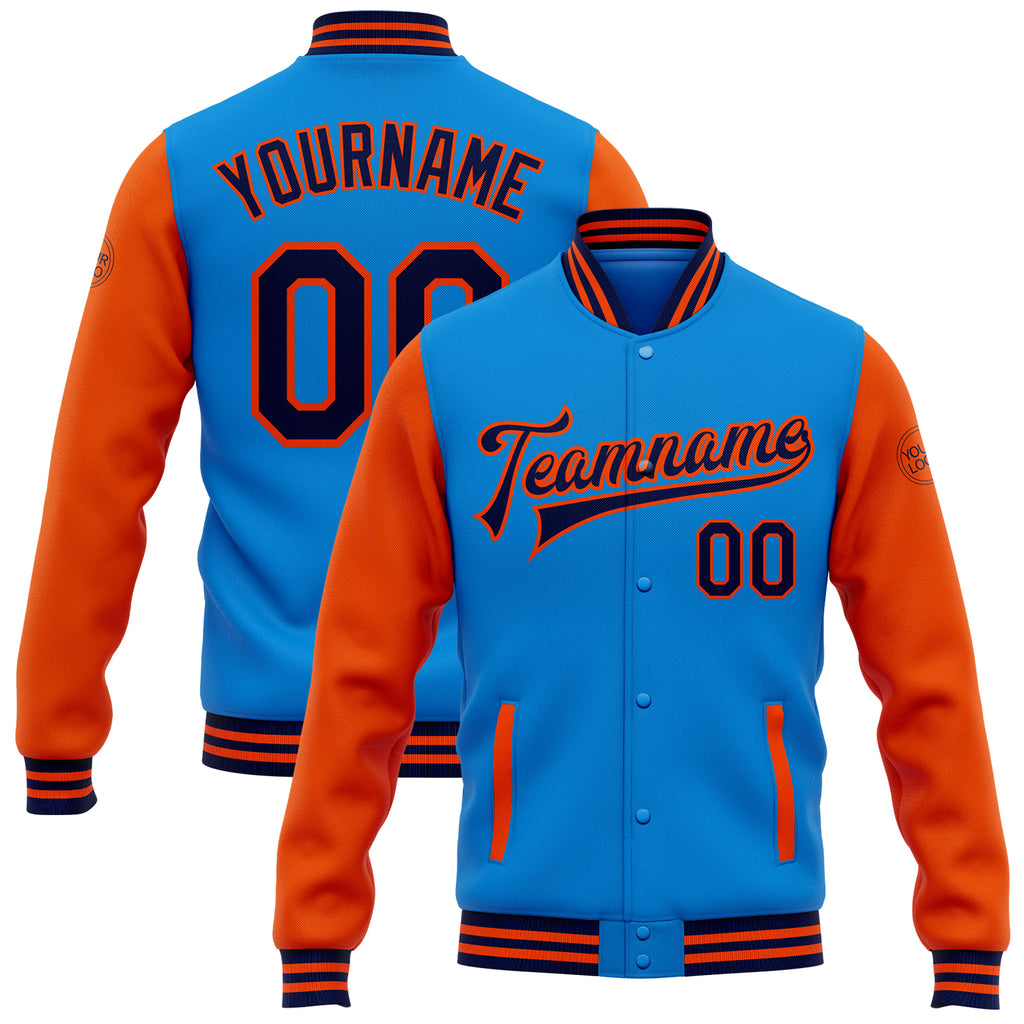 Custom Electric Blue Navy-Orange Bomber Full-Snap Varsity Letterman Two Tone Jacket