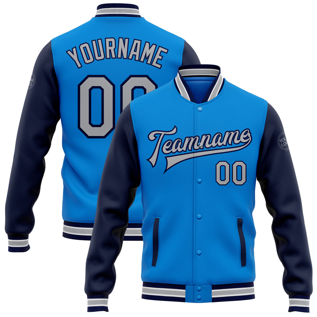 Custom Electric Blue Gray-Navy Bomber Full-Snap Varsity Letterman Two Tone Jacket