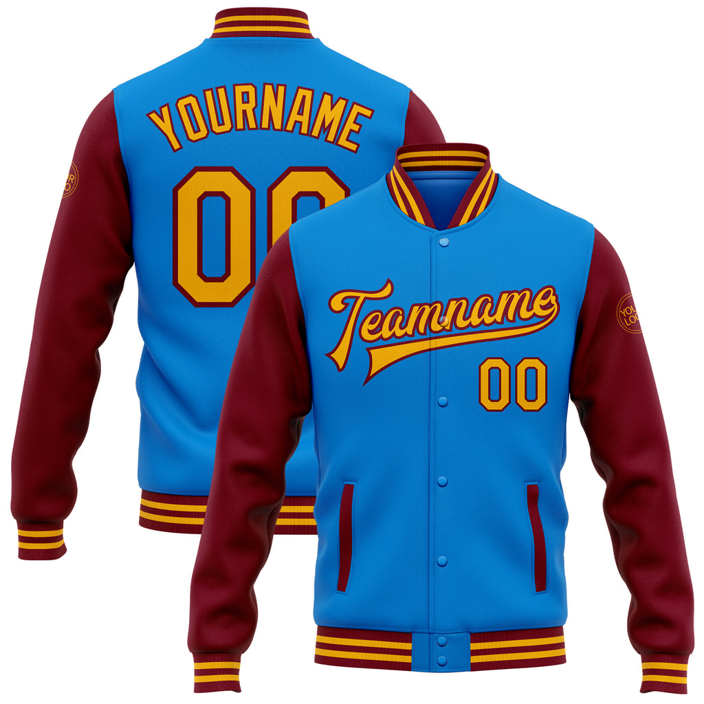 Custom Electric Blue Gold-Crimson Bomber Full-Snap Varsity Letterman Two Tone Jacket