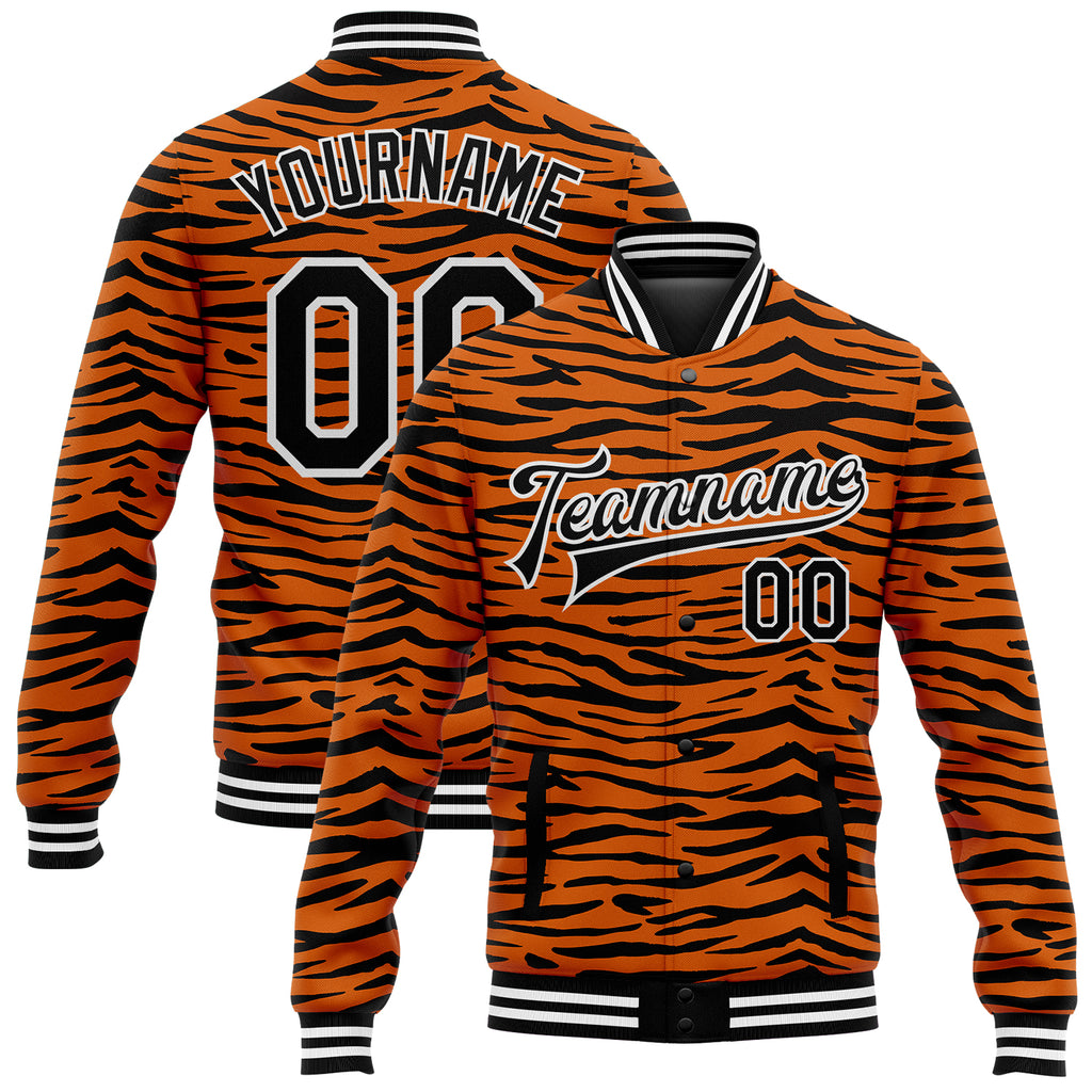 Custom Orange Black-White Tiger Stripes 3D Pattern Design Bomber Full-Snap Varsity Letterman Jacket