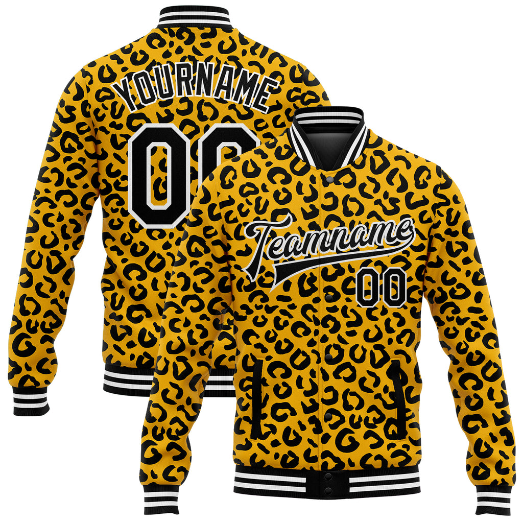 Custom Gold Black-White Leopard Print 3D Pattern Design Bomber Full-Snap Varsity Letterman Jacket