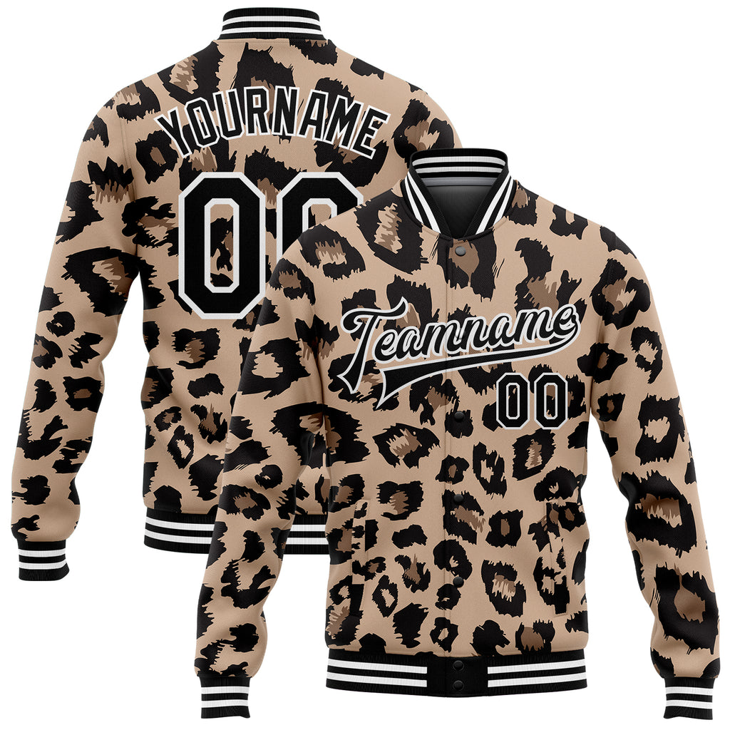 Custom Brown Black-White Leopard Print 3D Pattern Design Bomber Full-Snap Varsity Letterman Jacket