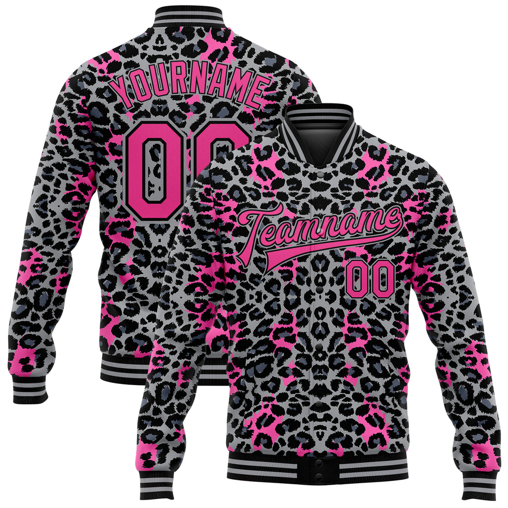 Custom Gray Pink-Black Leopard Print 3D Pattern Design Bomber Full-Snap Varsity Letterman Jacket