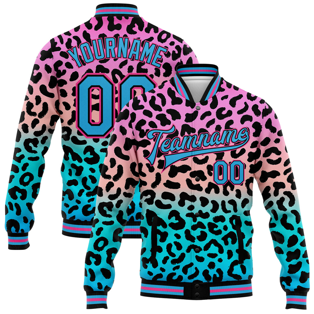 Custom Pink Sky Blue-Black Leopard Print 3D Pattern Design Bomber Full-Snap Varsity Letterman Jacket