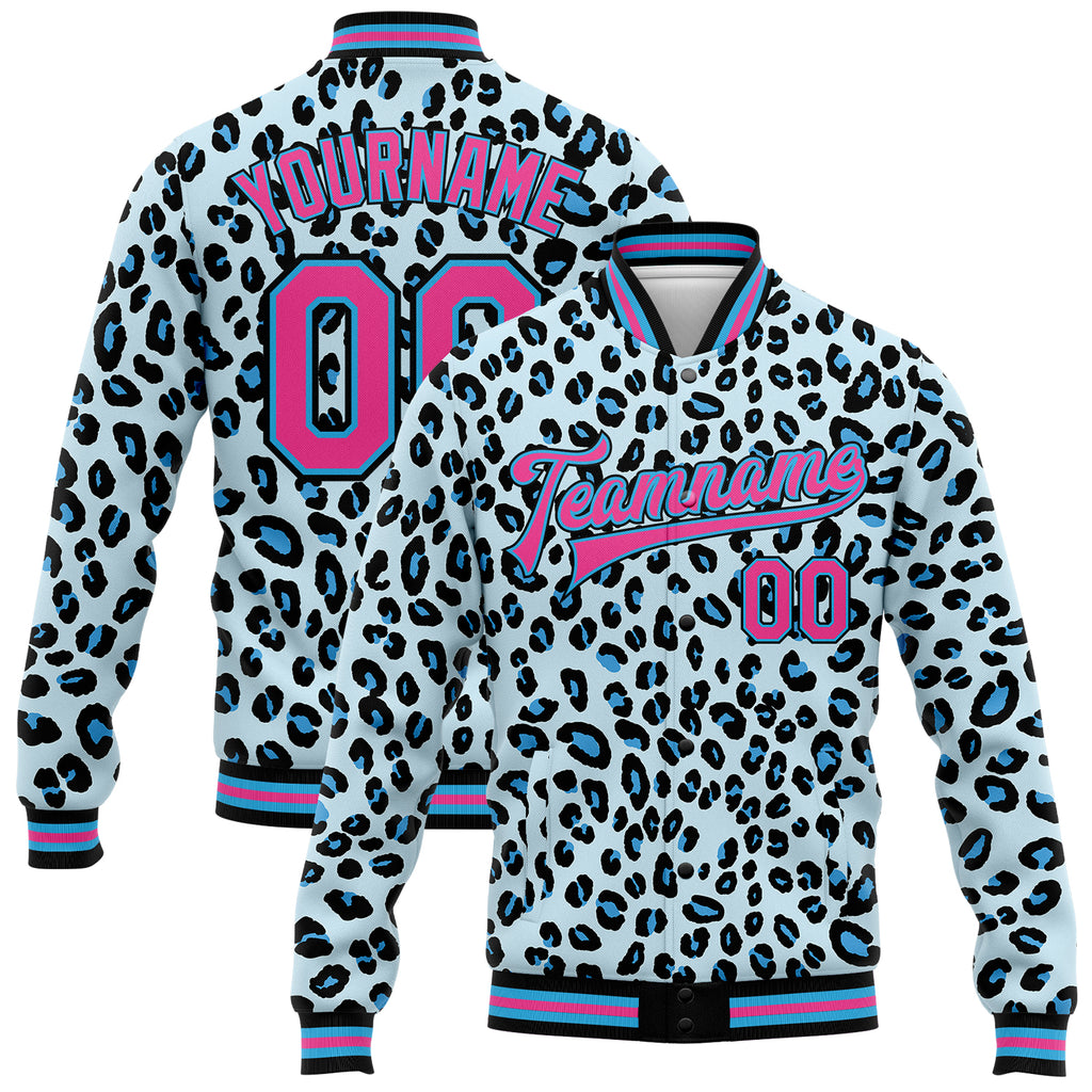 Custom Sky Blue Pink-Black Leopard Print 3D Pattern Design Bomber Full-Snap Varsity Letterman Jacket
