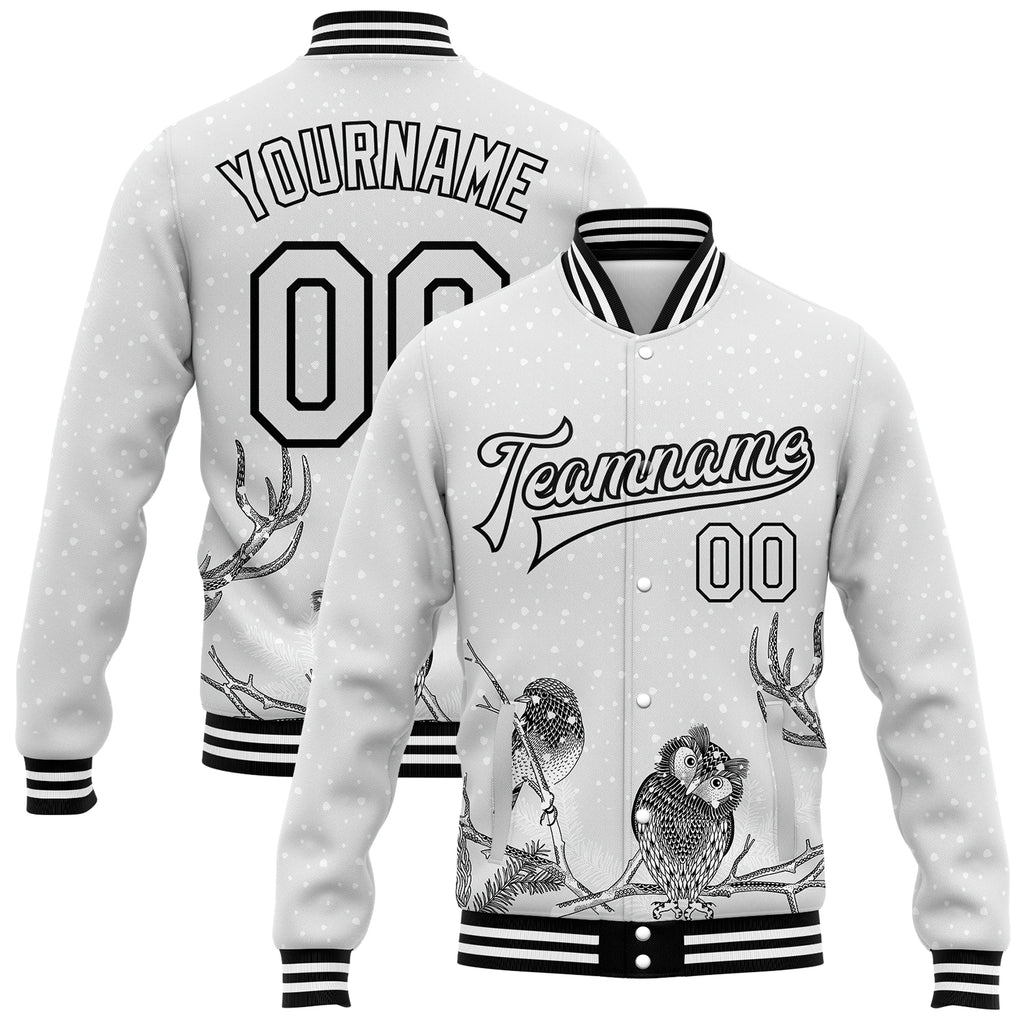 Custom White Black Merry Christmas Animals In Winter 3D Bomber Full-Snap Varsity Letterman Jacket