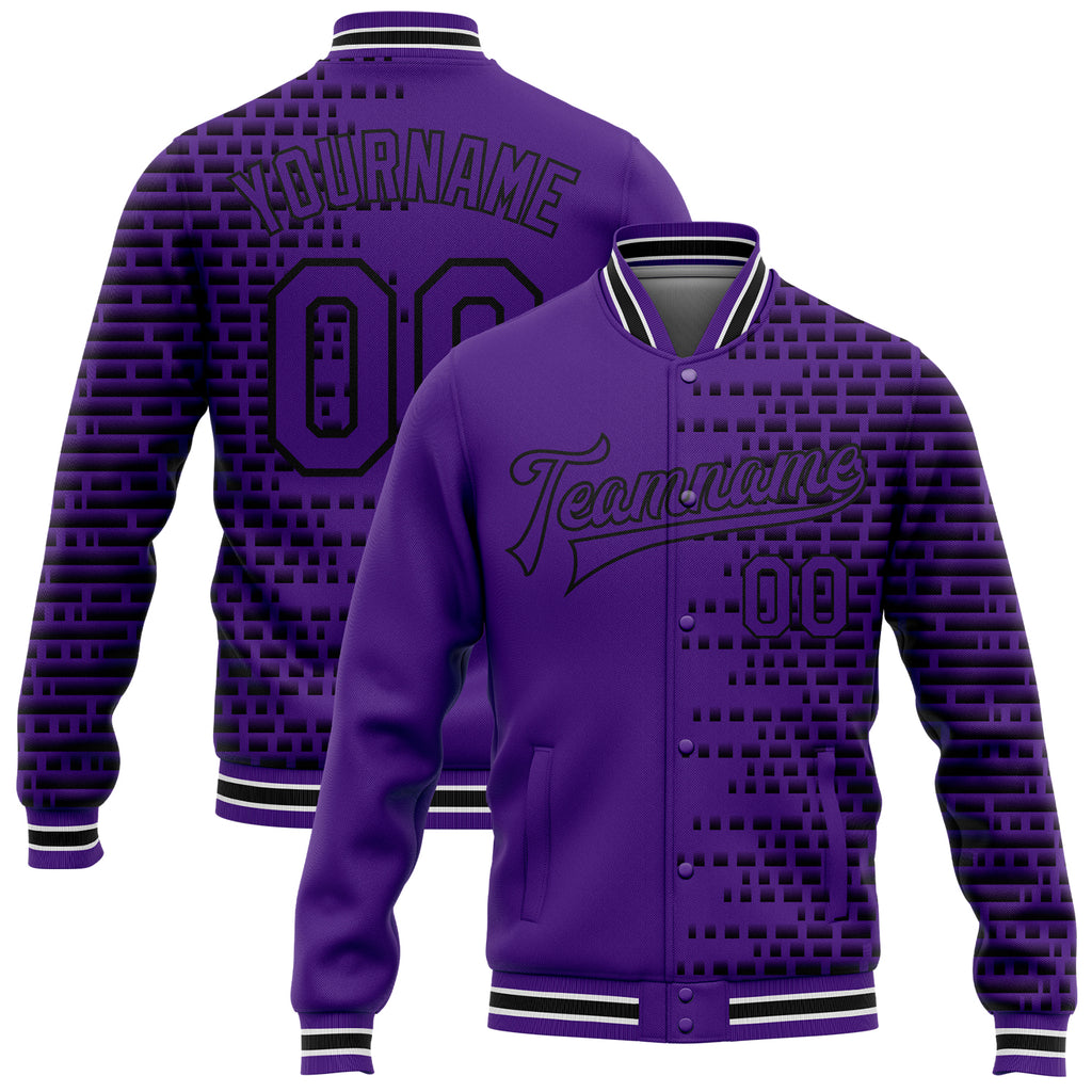 Custom Purple Black-White Halftone 3D Pattern Design Bomber Full-Snap Varsity Letterman Jacket