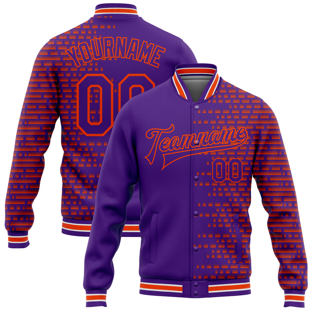Custom Purple Orange-White Halftone 3D Pattern Design Bomber Full-Snap Varsity Letterman Jacket