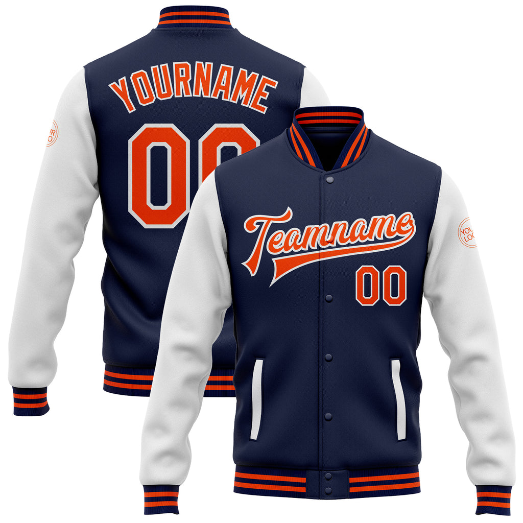 Custom Navy Orange-White Bomber Full-Snap Varsity Letterman Two Tone Jacket