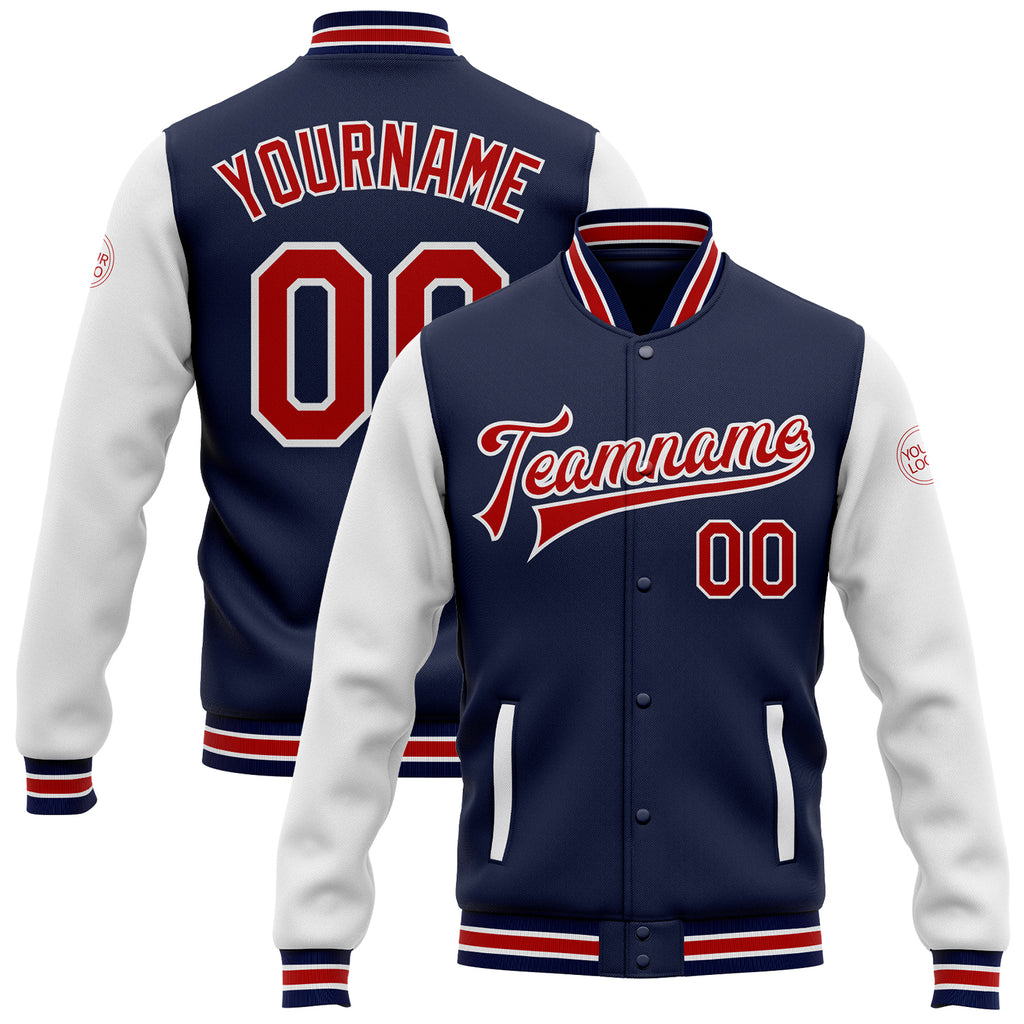 Custom Navy Red-White Bomber Full-Snap Varsity Letterman Two Tone Jacket