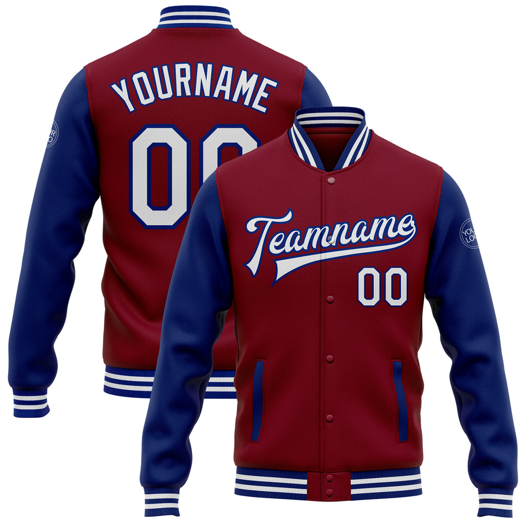 Custom Crimson White-Royal Bomber Full-Snap Varsity Letterman Two Tone Jacket