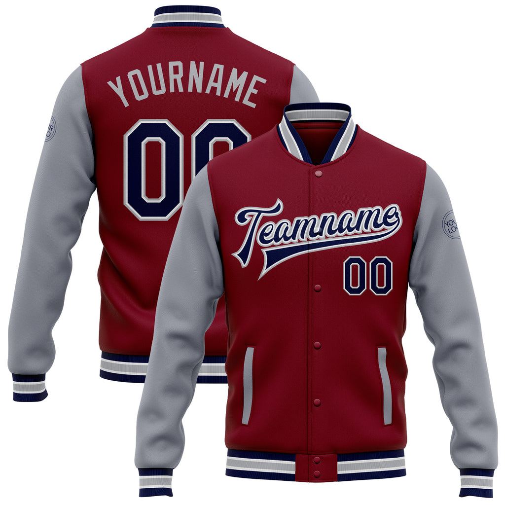 Custom Crimson Navy-Gray Bomber Full-Snap Varsity Letterman Two Tone Jacket