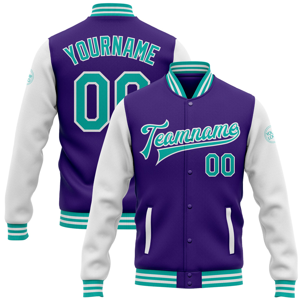 Custom Purple Aqua-White Bomber Full-Snap Varsity Letterman Two Tone Jacket