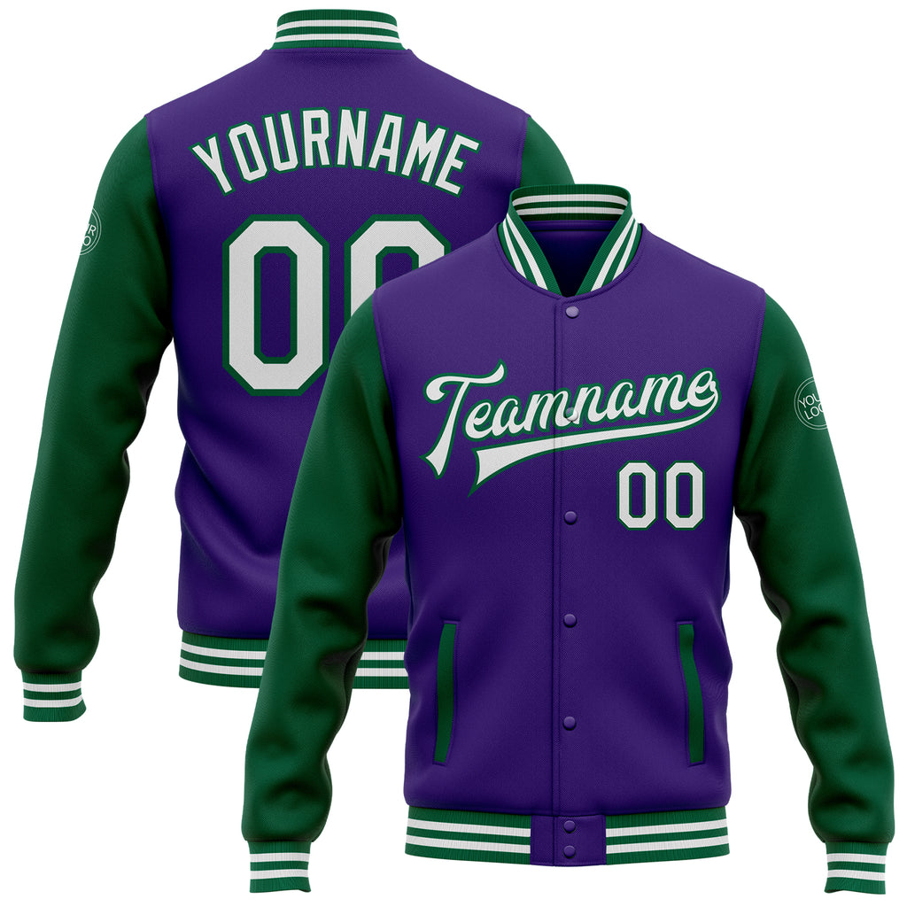 Custom Purple White-Kelly Green Bomber Full-Snap Varsity Letterman Two Tone Jacket