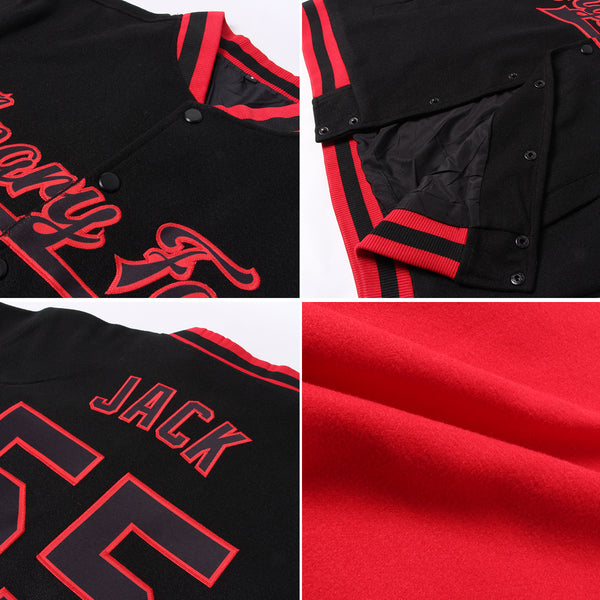 Custom Red Black-White 3D Pattern Design Bomber Full-Snap Varsity Letterman Jacket