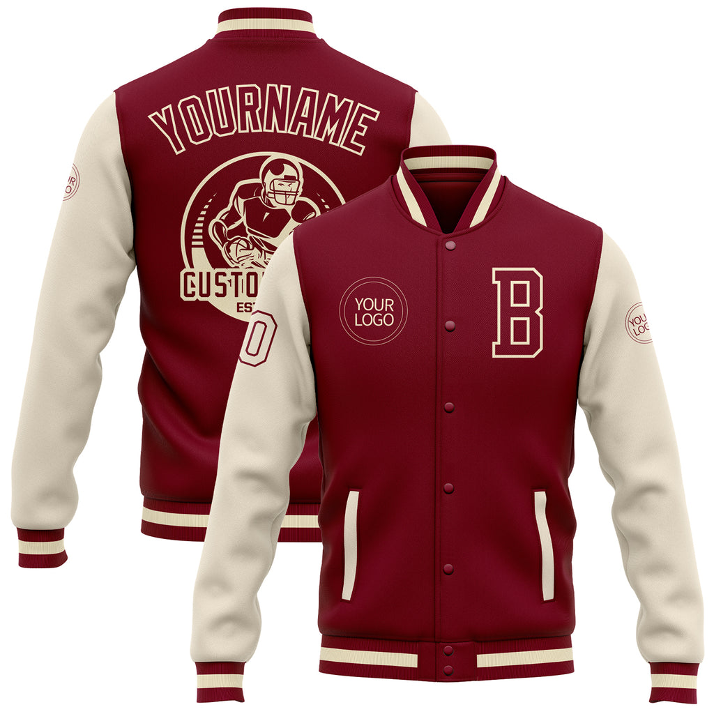 Custom Crimson Cream-Maroon Bomber Full-Snap Varsity Letterman Two Tone Jacket