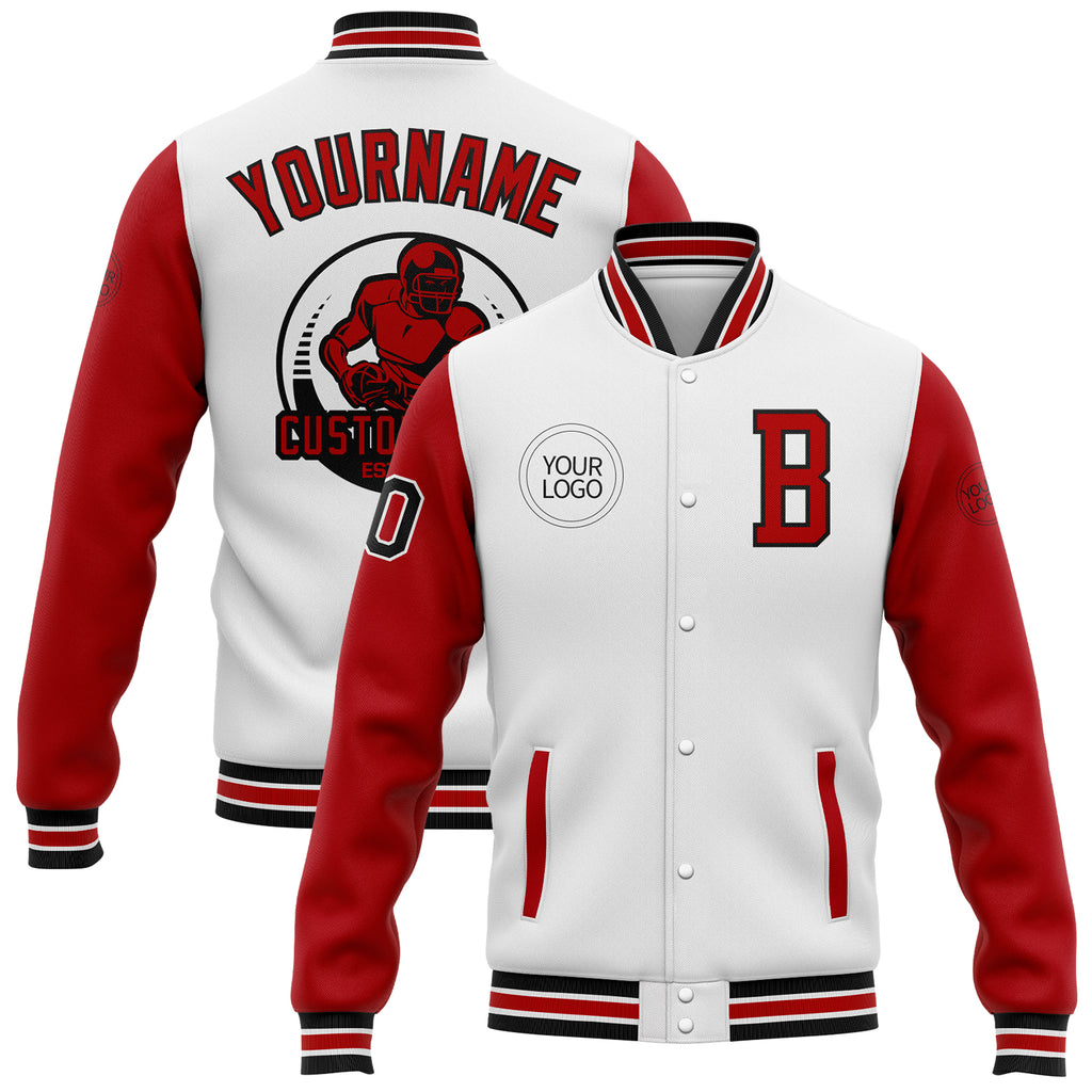 Custom White Red-Black Bomber Full-Snap Varsity Letterman Two Tone Jacket