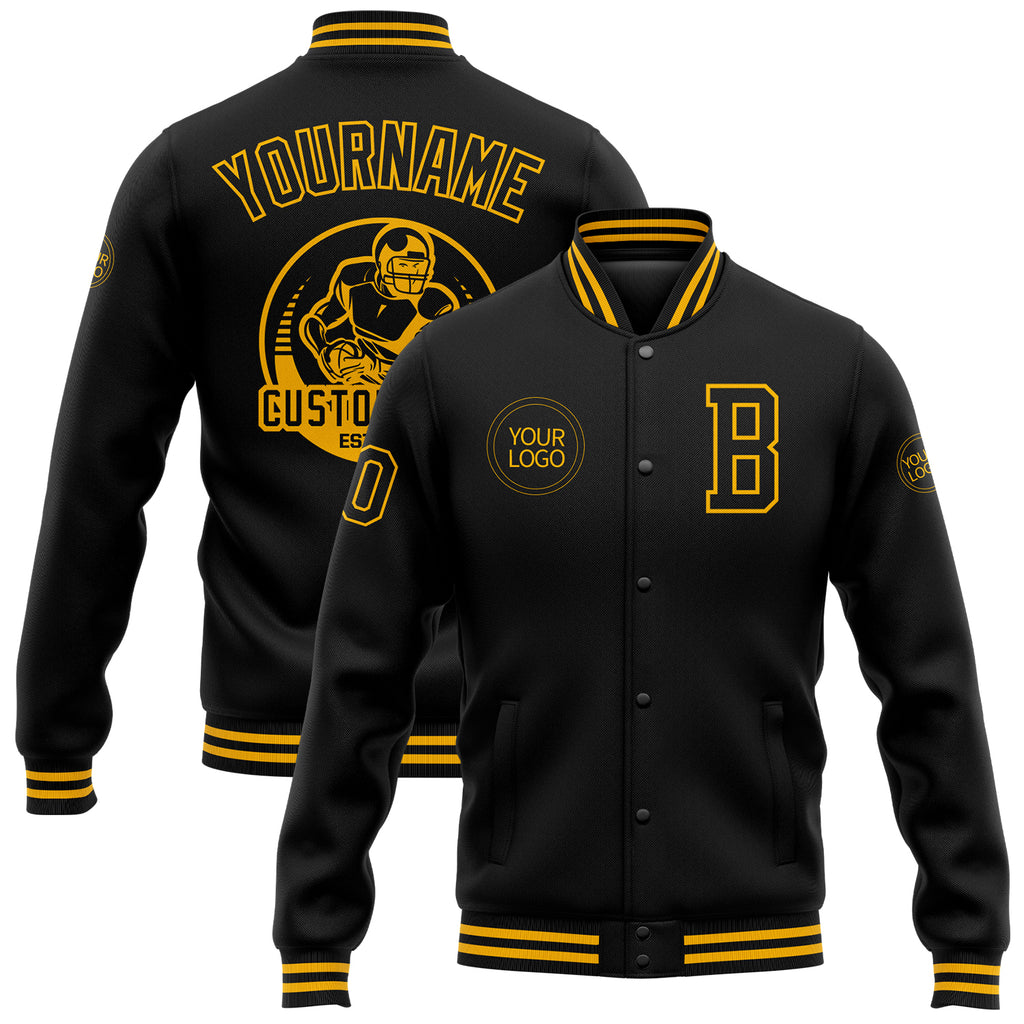 Custom Black Gold Bomber Full-Snap Varsity Letterman Jacket